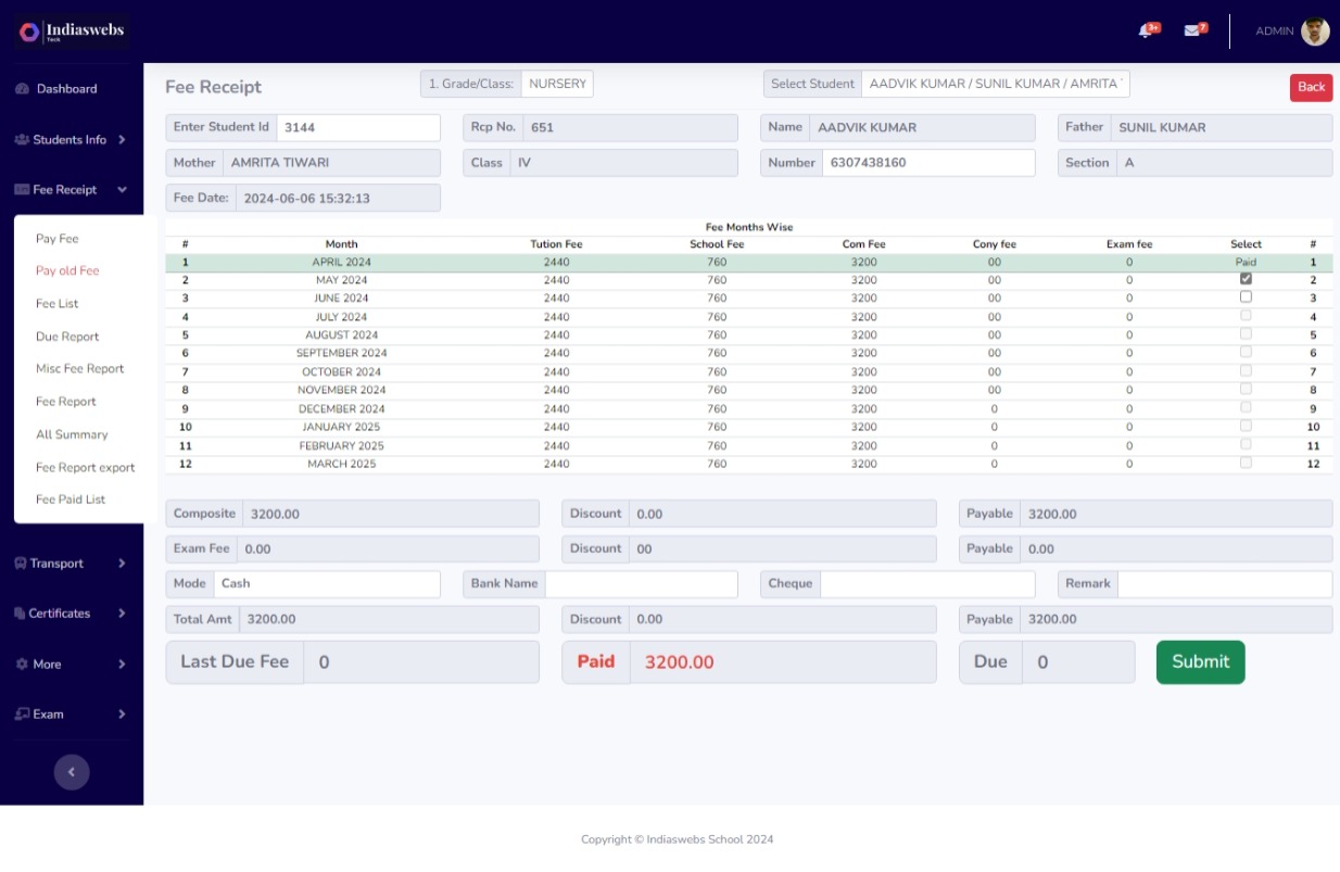 Overview of the fee management module with structure, receipts, and summaries.