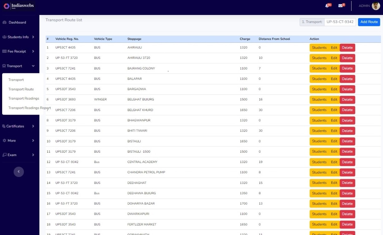 Dashboard showing transport route management and readings overview.